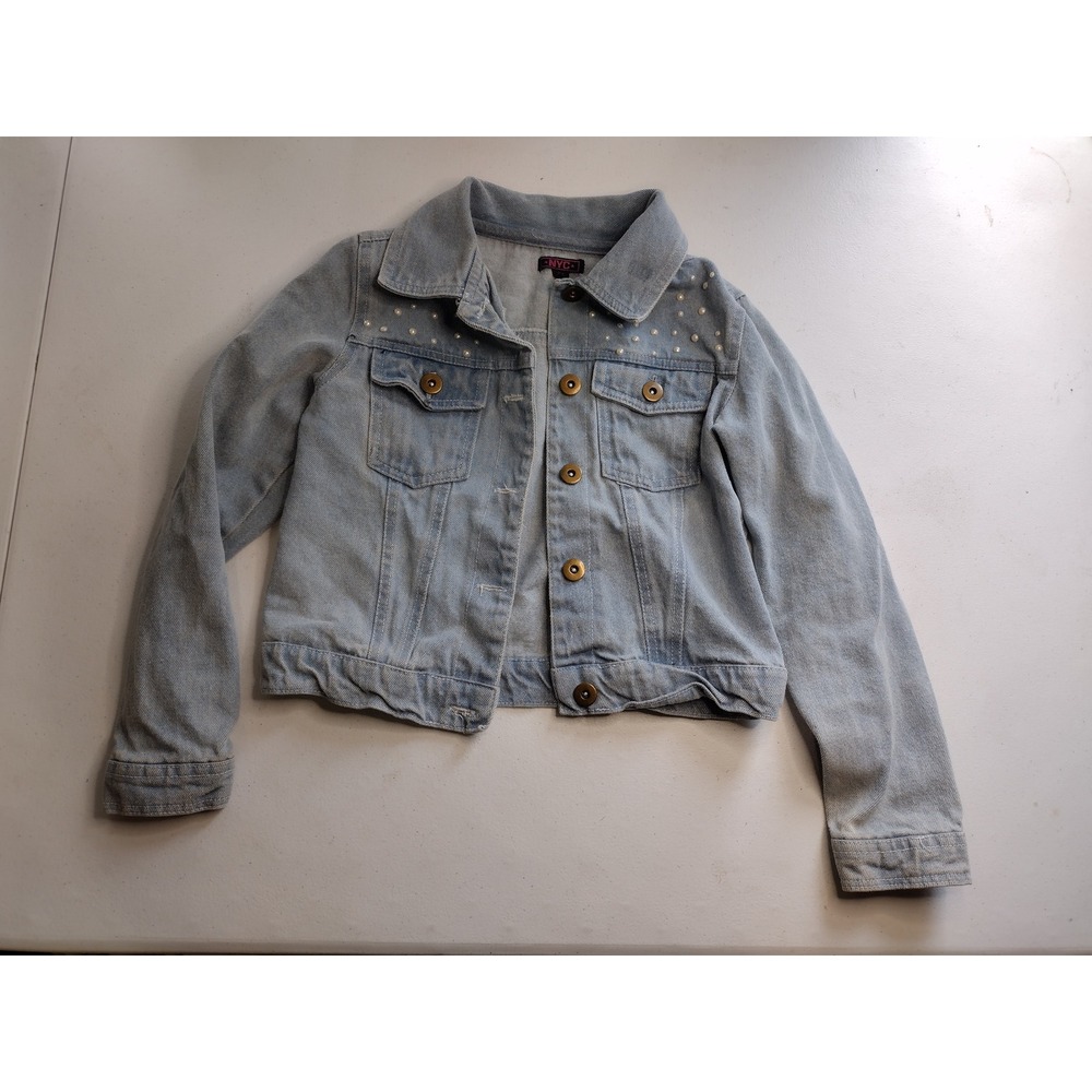 NYC Denim Jacket Girls Size Medium Light Wash Pearl‎ Embellished Classic Style